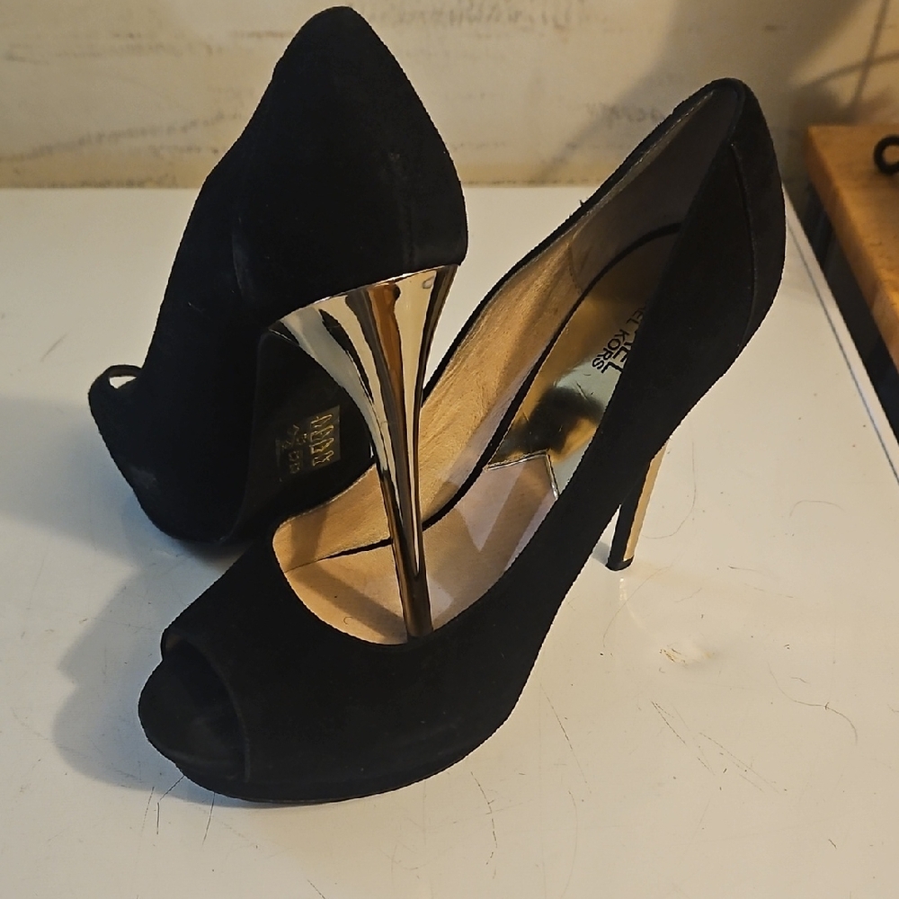 Michael Kors Black and Gold Peep-Toe Heels
